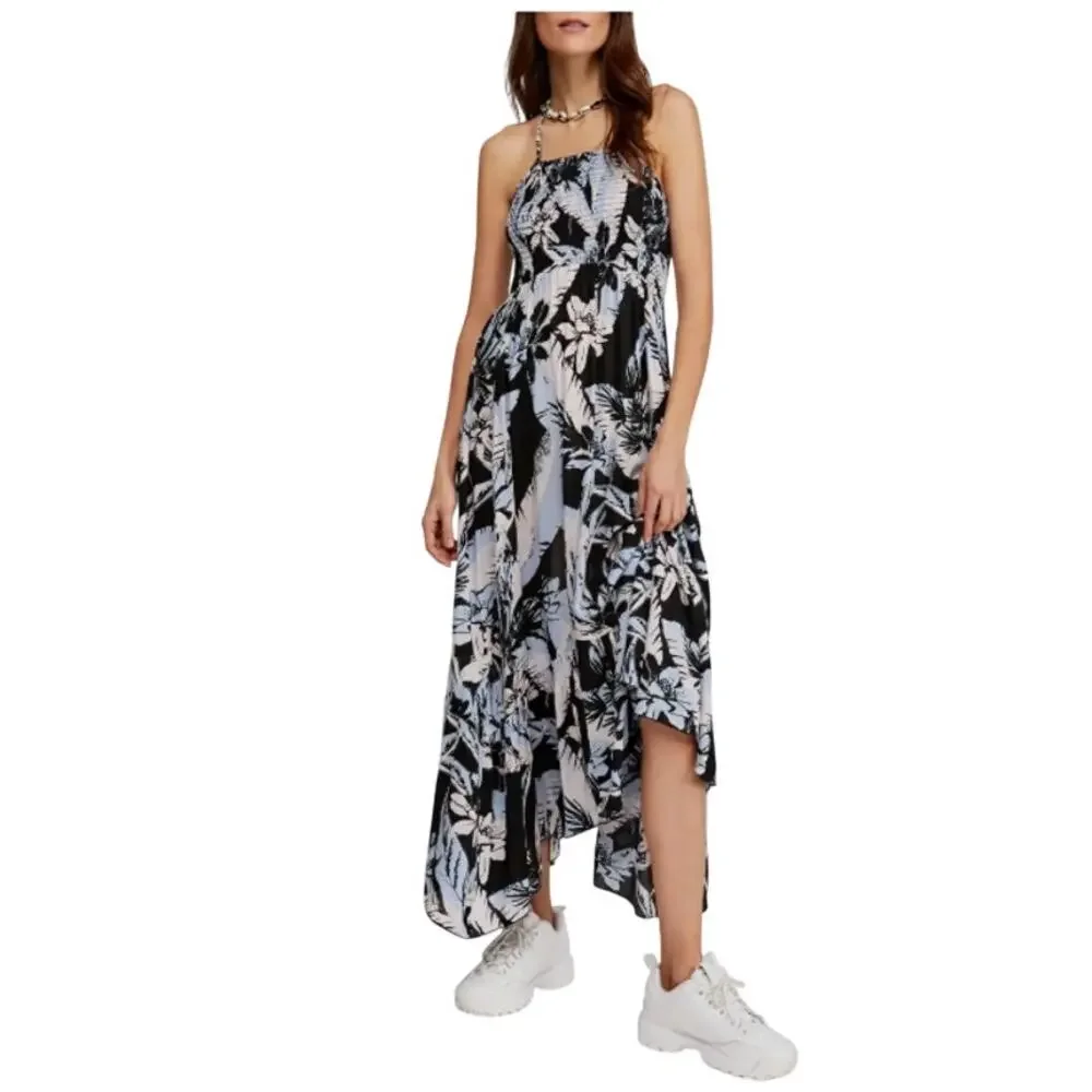 Free People Intimately Heat Wave Printed Maxi Dress L Smock Tropical Blue *flaw